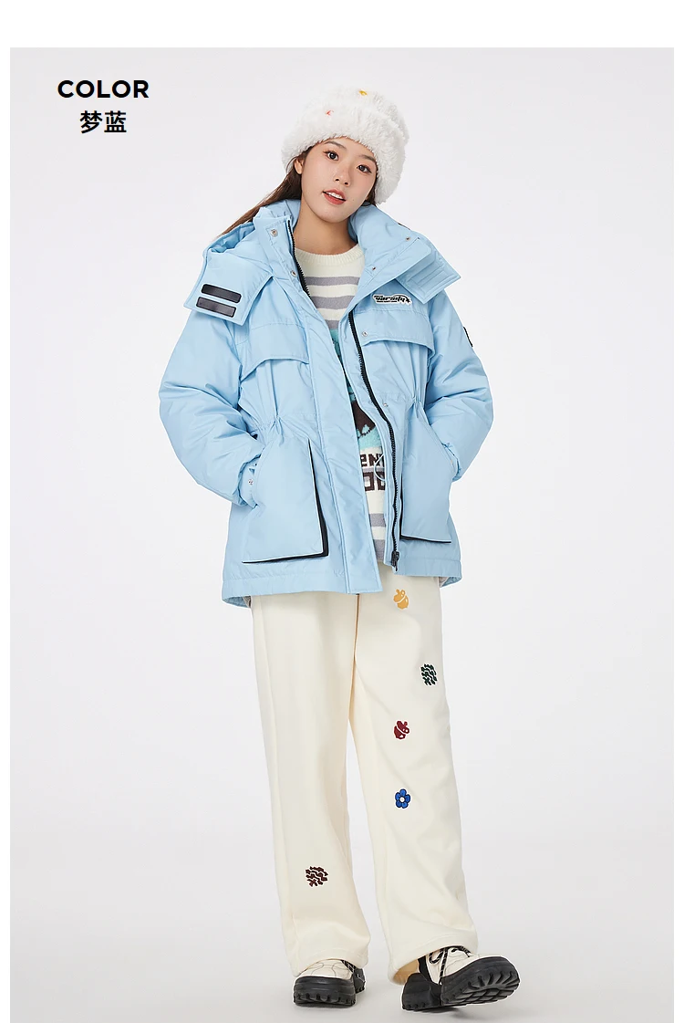Metersbonwe Women's Jacket Puffer 90 White Duck Down Waist Drawstring Cargo Jackets Hooded Thickened Sporty Warm Wear Winter