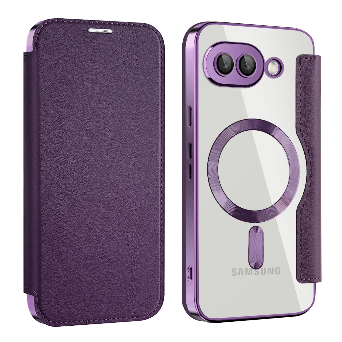 Luxury Transparent Flip Leather Wallet Magnetic Phone Case with Card Slot and Magsafe Cover