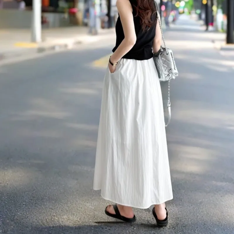 100KG Summer Long Skirt New Style Solid Color White Plus Size Women Fold A-Line Skirt 2509
