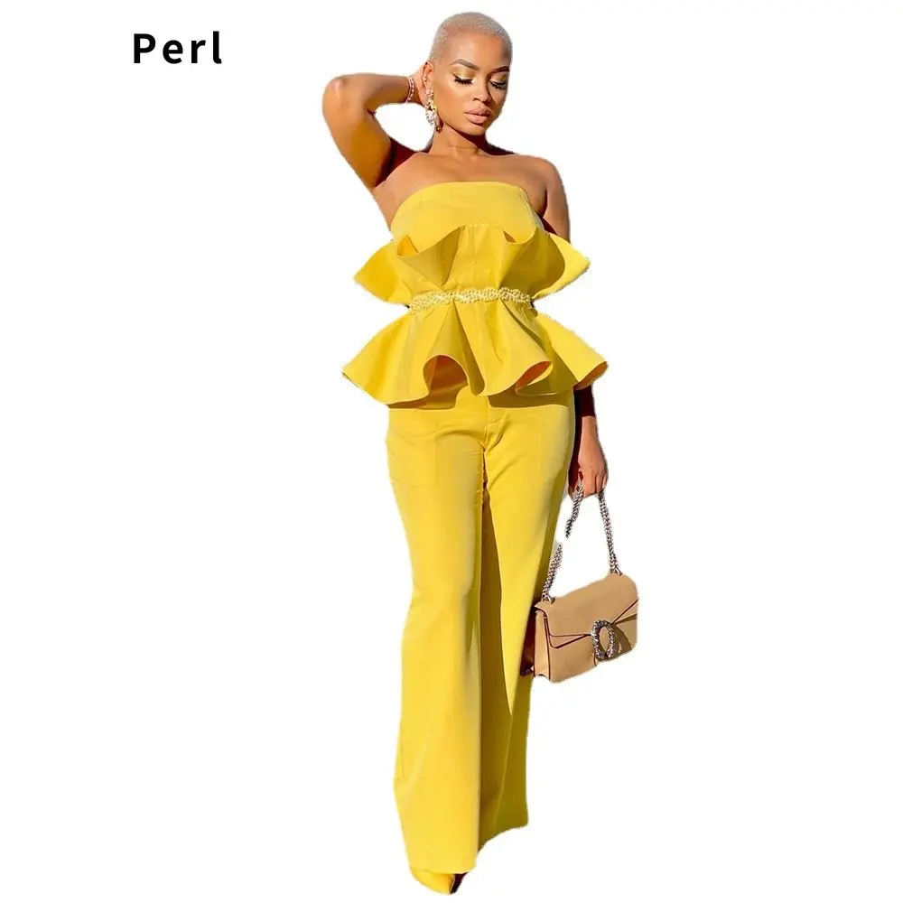 Perl Yellow Ruffle Women Set Sexy Off The Shoulder Top+straight Pants Suit  Elegant Party Banquet Birthday Special Occasion Wear