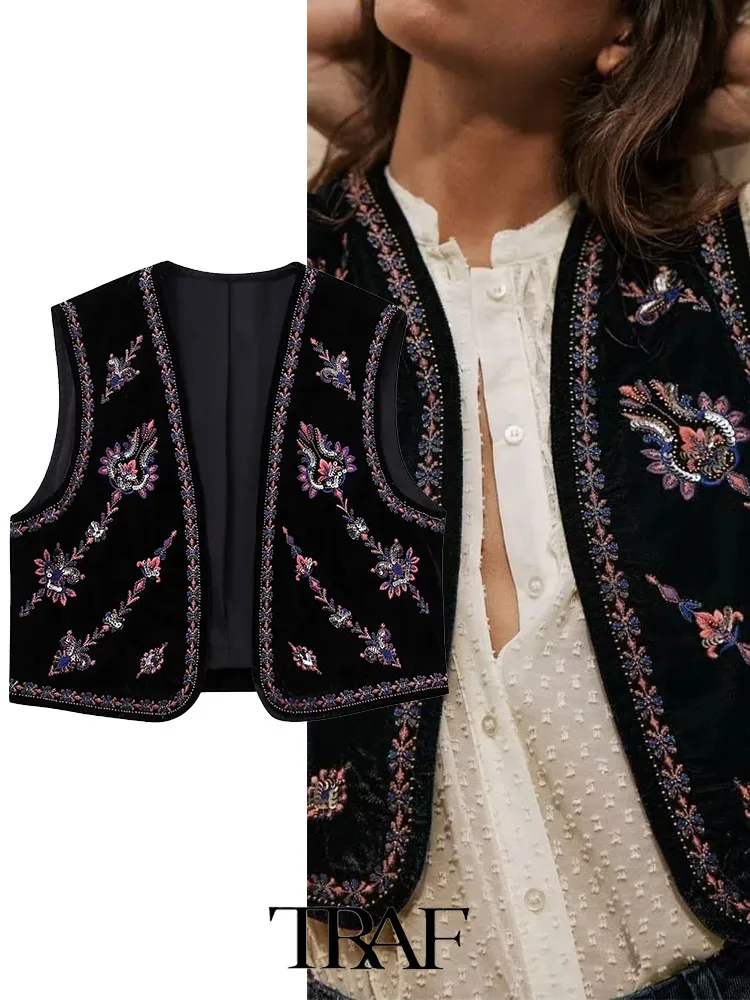 

TRAF Women Embroidery Cropped Vest 2023 Autumn Women Waistcoat Vintage O Neck Sleeveless Cardigan Female Vest Tops