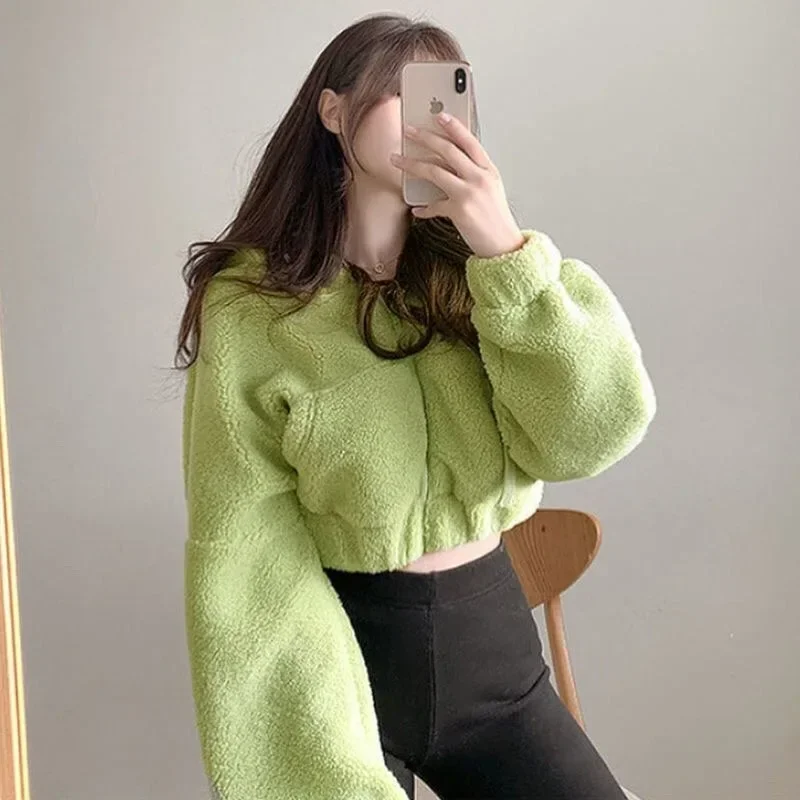 Cute Hairy Sweat Hoodie Autumn Warm Faux Lamb Fur Oversized Black White Women Fleece Sweatershirt Crop Top Loose Pullover y2k