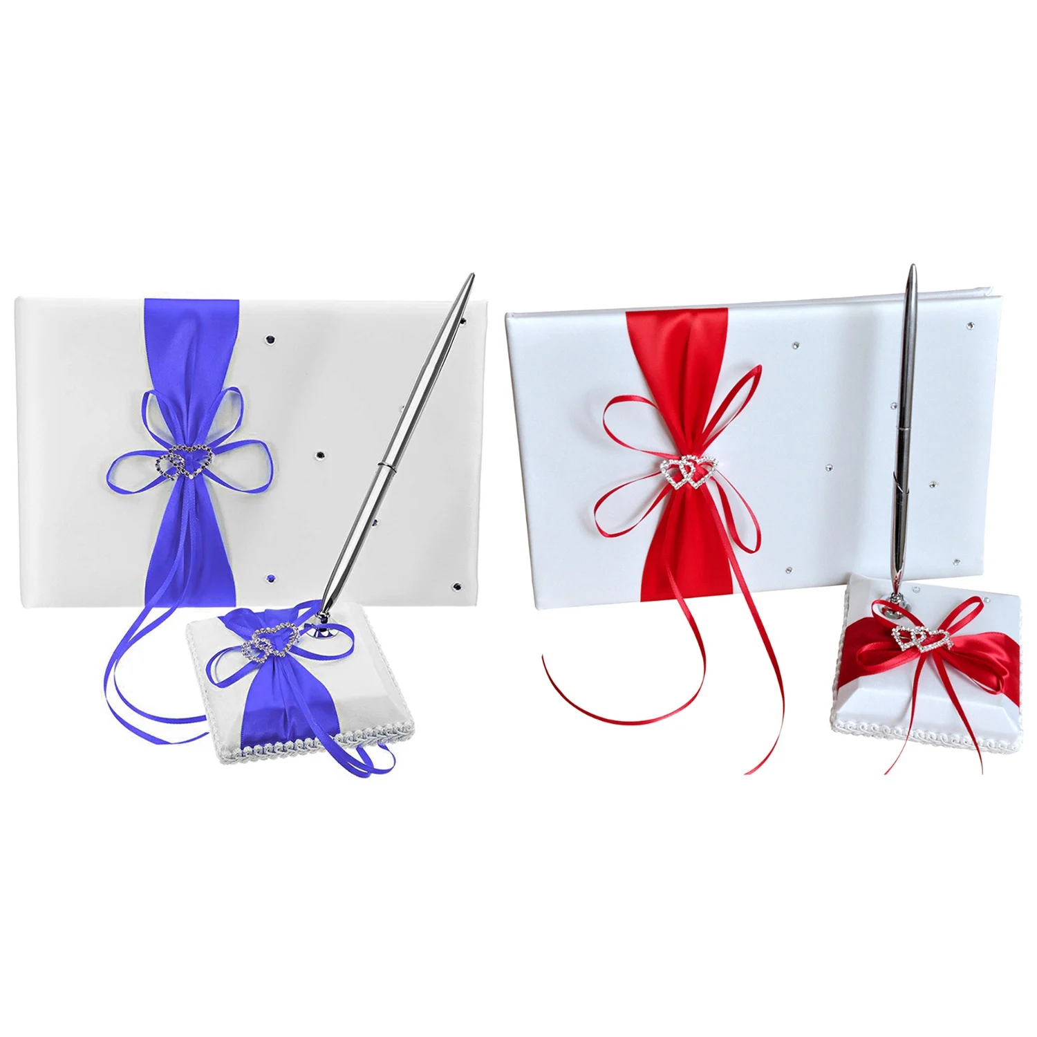 

Wedding Guest Book With Pen Holder Sets Satin Bows Signature Book With Diamonds Love Shape For Party Decorations Retail