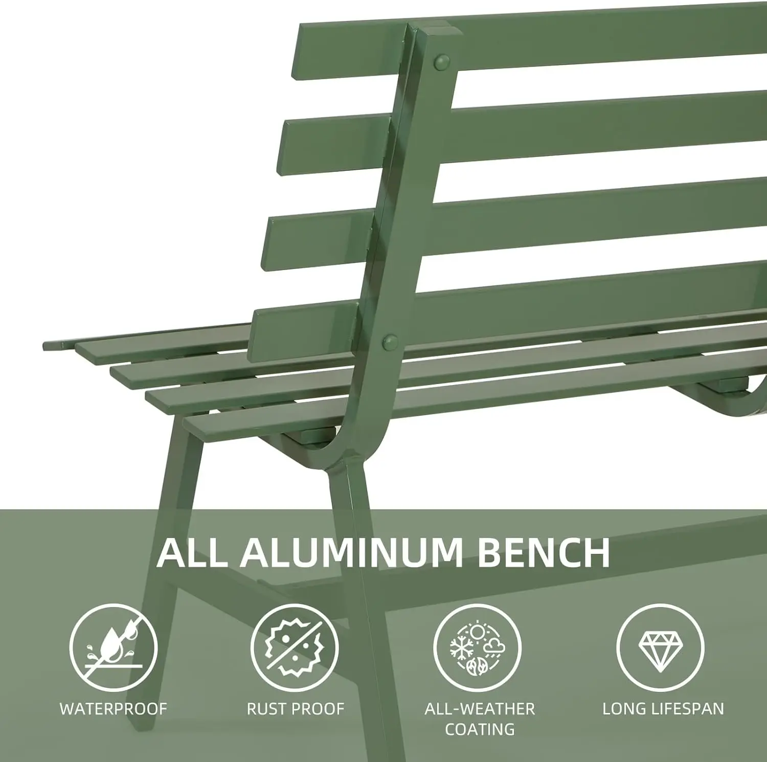 Outdoor Bench Weatherproof Aluminum Park Bench for Garden Patio Porch Lawn Backyard, Green