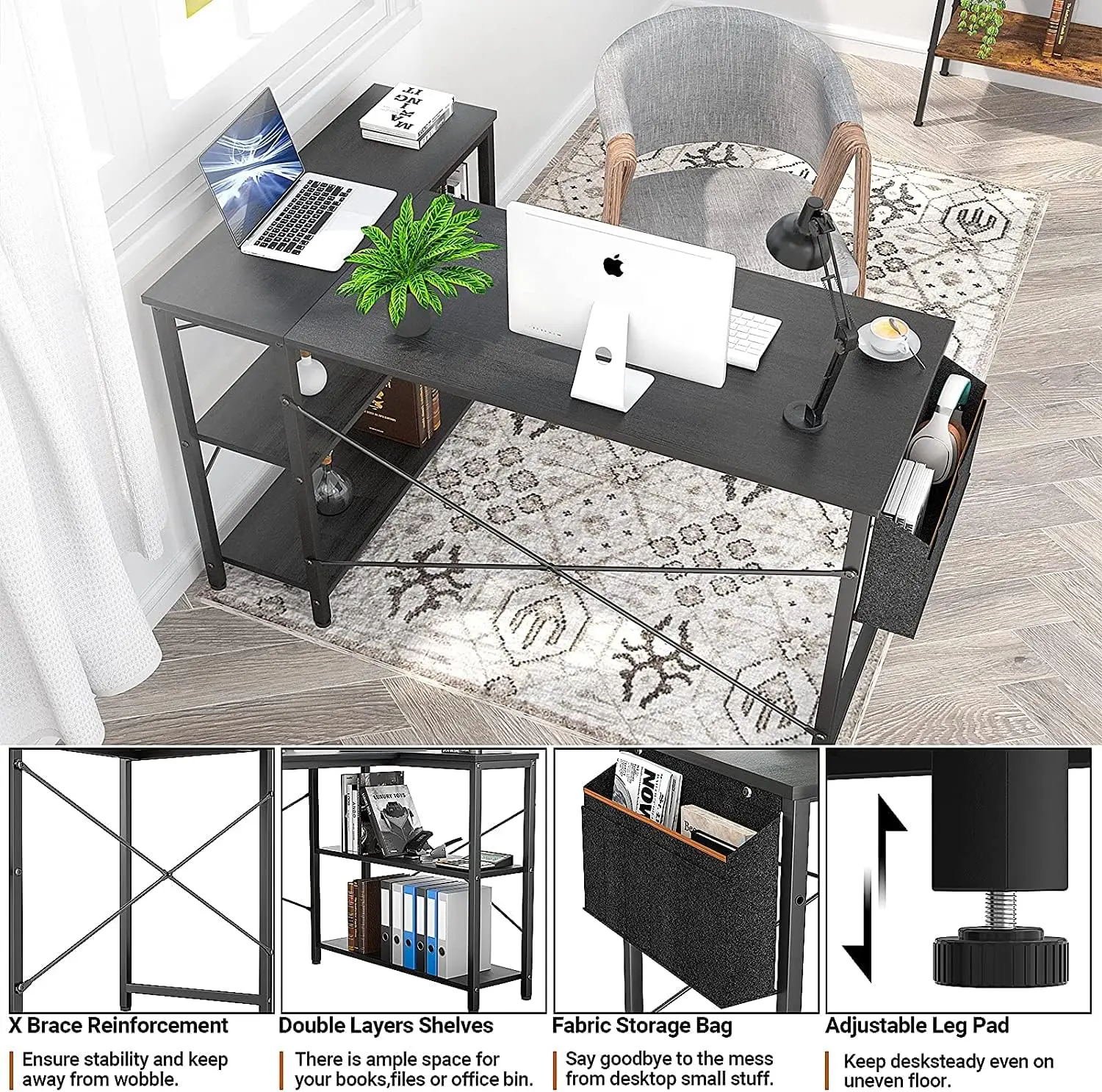 مكتب Lucas+Aiden زاوية شكل L مع أرفف