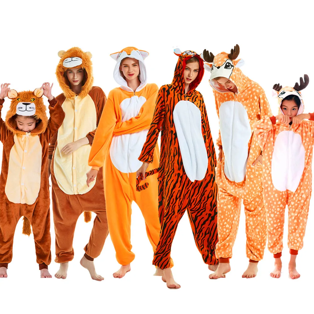Kigurumi Deer Fox Lion Tiger Animal Cartoon Onesies Flannel Pajamas Women Men Hooded Sleepwear Jumpsuits Anime Cosplay Costumes