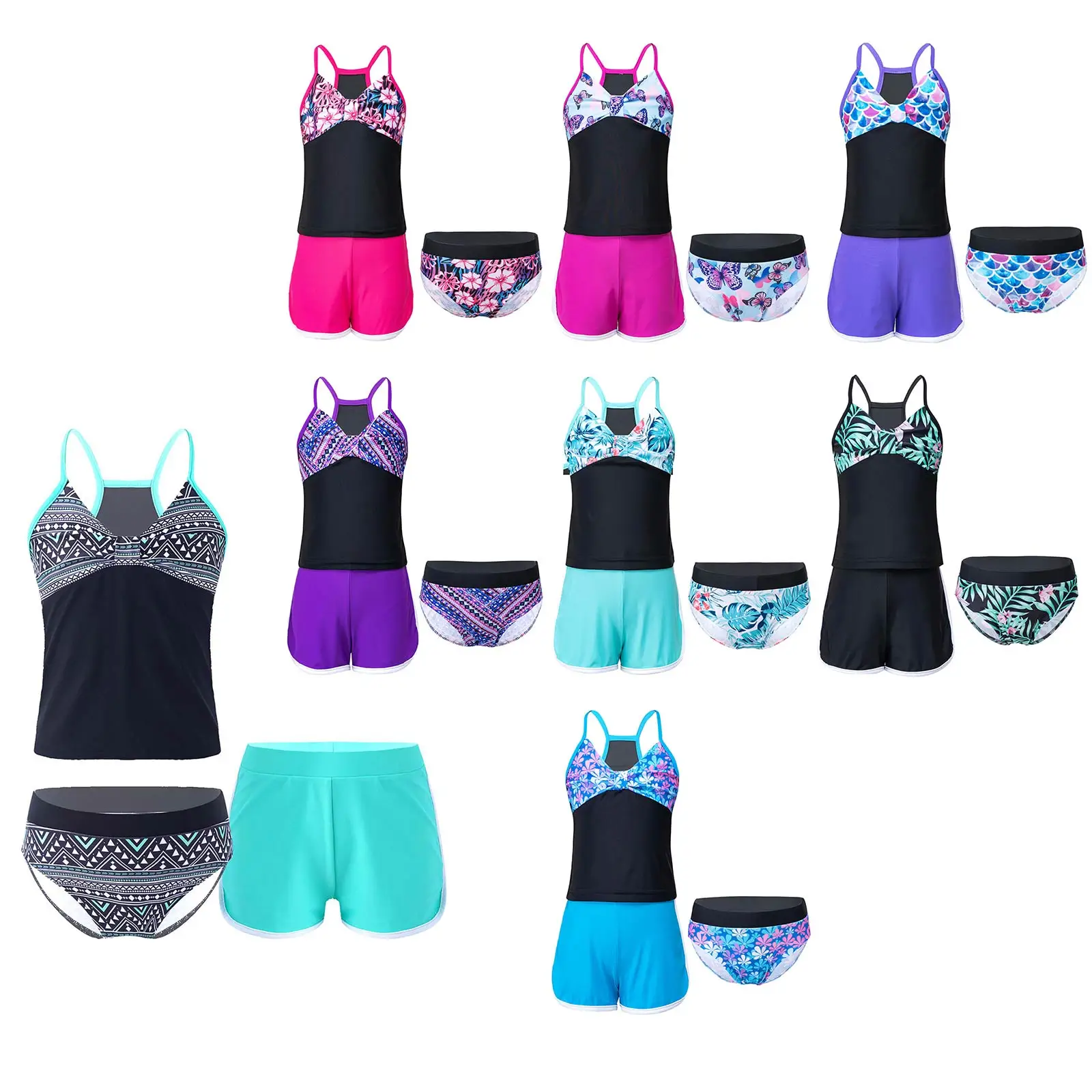 Kids Girls Swimsuits Swimwear Bathing Suits Sleeveless Tops with Briefs and shorts Bikini Sets for Beachwear Swimming Outfits