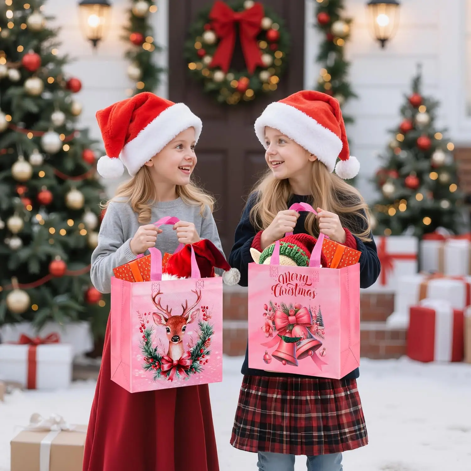 Non-Woven Christmas Gift Bags For Children Reusable Pink Christmas Bag With Handle Santa Claus Reindeer Berries Pattern Tote Bag