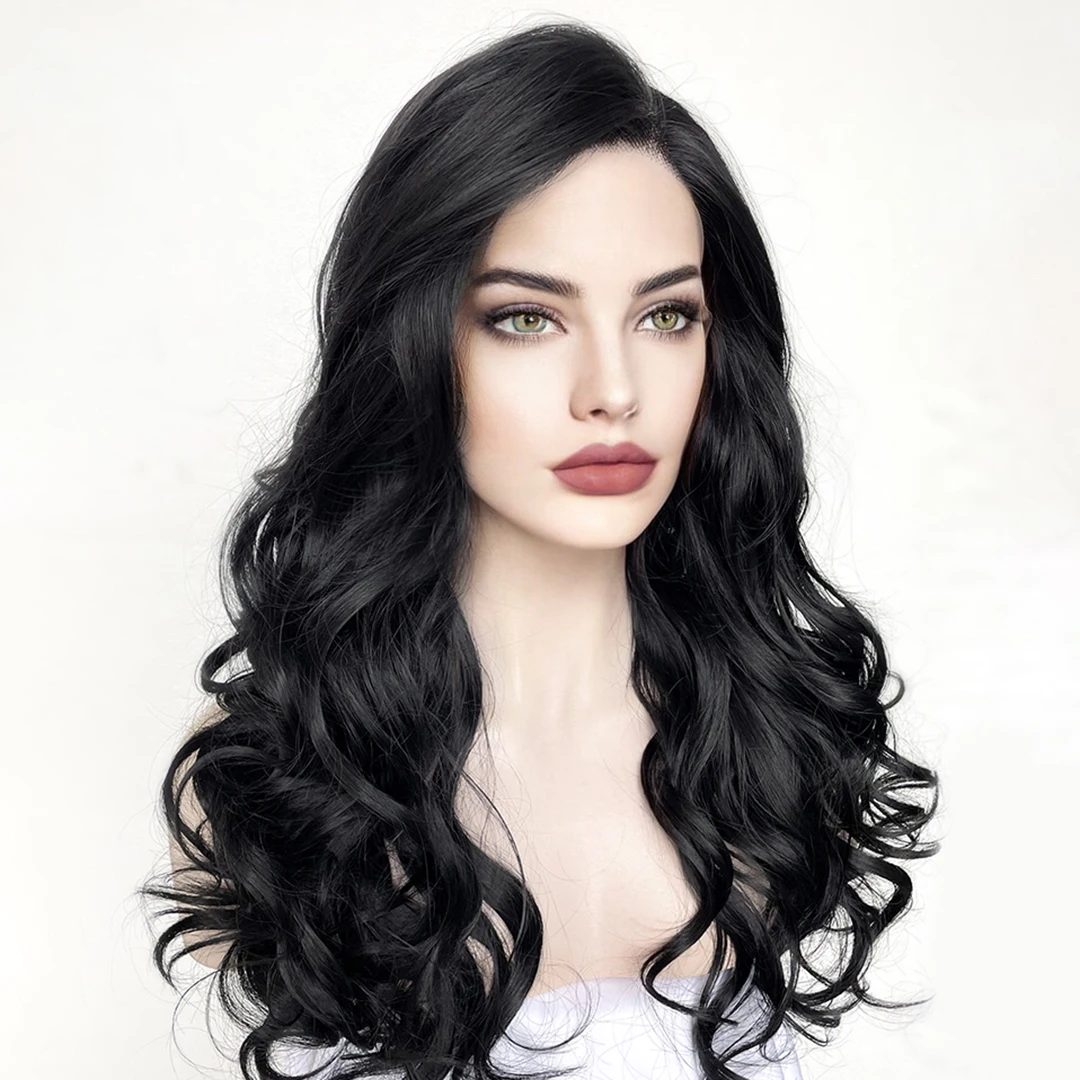 Jet Black Body Wave Synthetic hair Lace Front Wigs for Black Women Daily Wear Cosplay Glueless Transparent 180Density Lace Wigs