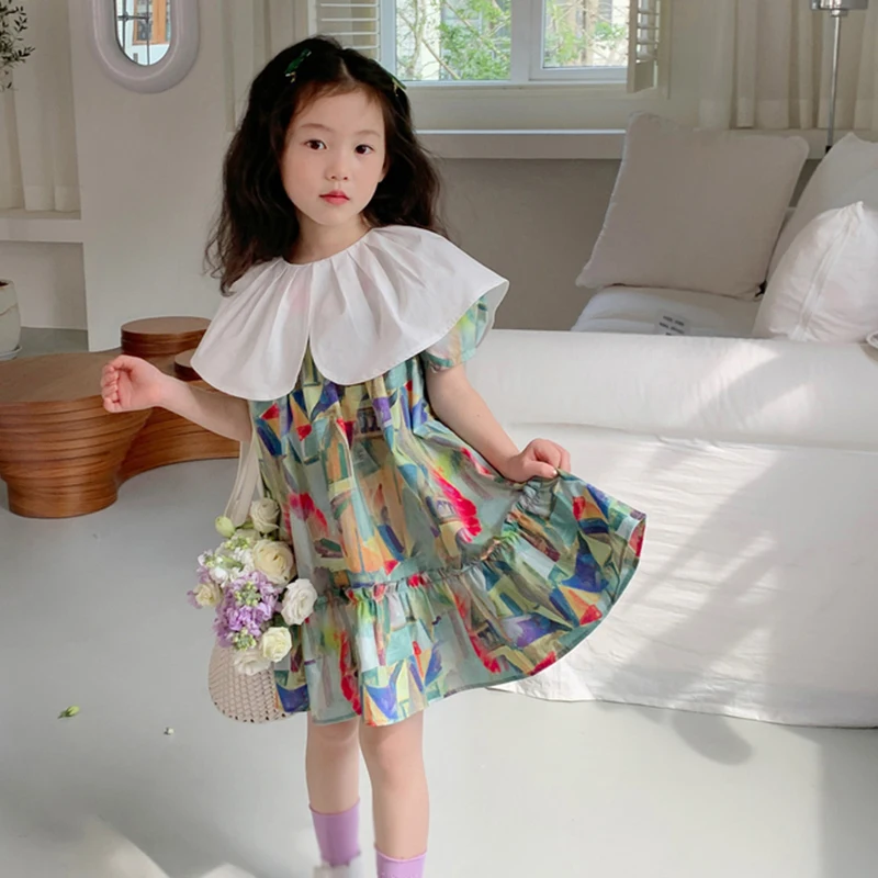 Kinder Mädchen koreanischen Stil Sommerkleid süße Ölgemälde Graffiti Druck modische süße Prinzessin Party kleid