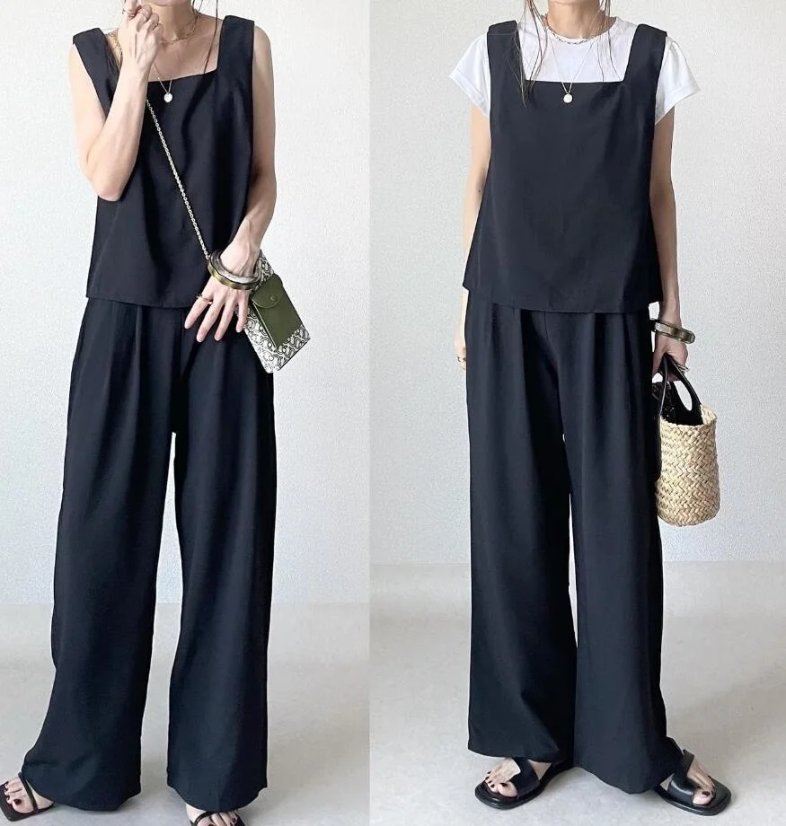 

2023 Summer Square Neck Tank Top+High Waist Wide Leg Pants Outfits For Women Matching Sets 2 Piece Set Streetwear Womens Clothes