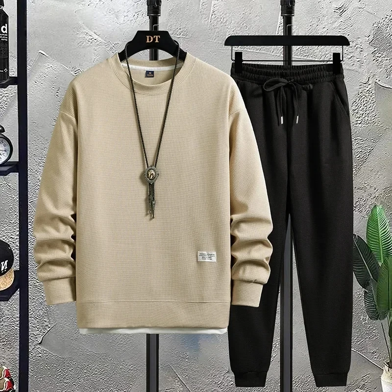 Spring and Autumn Fashion New Men's Brand Round Neck Hong Kong Style Waffle Set Casual and Handsome Sports Two Piece Se