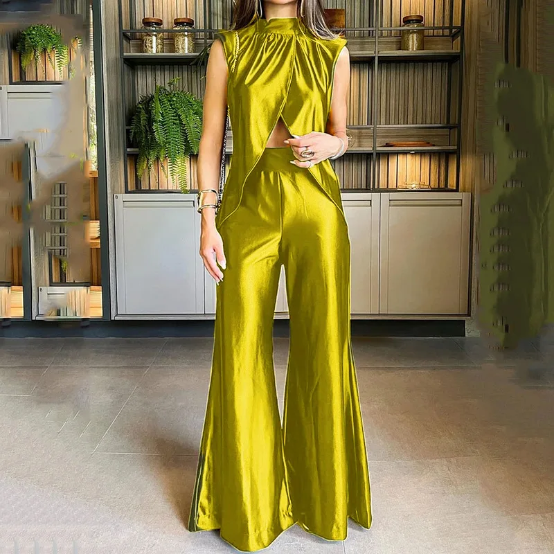 

Women's 2024 New Solid Color Hollowed Out Hem Top With Waistband Flared Pants Fashion Set