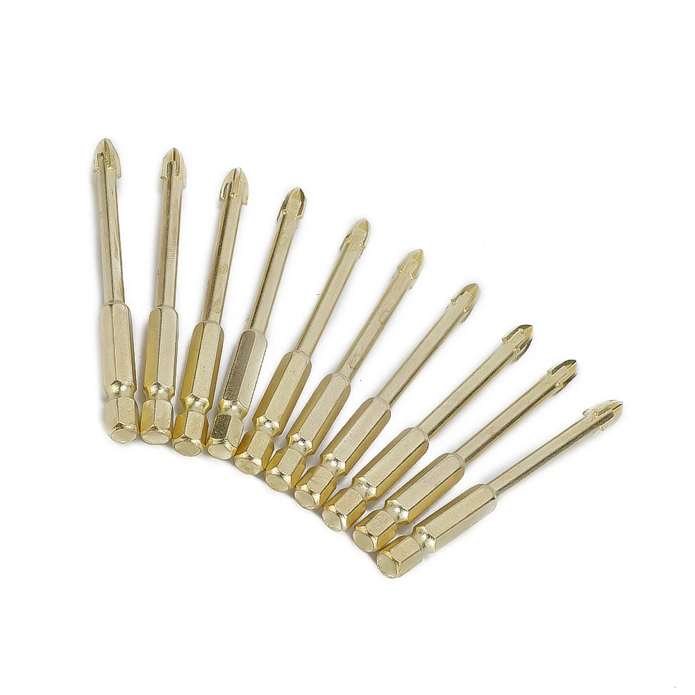 

10pcs 6** Drill Bit Cross Hex Shank Tile Drill Bits Titanium Ceramic Tile Marble Glass Drill Bit Spear Head Hex Shank Power Tool