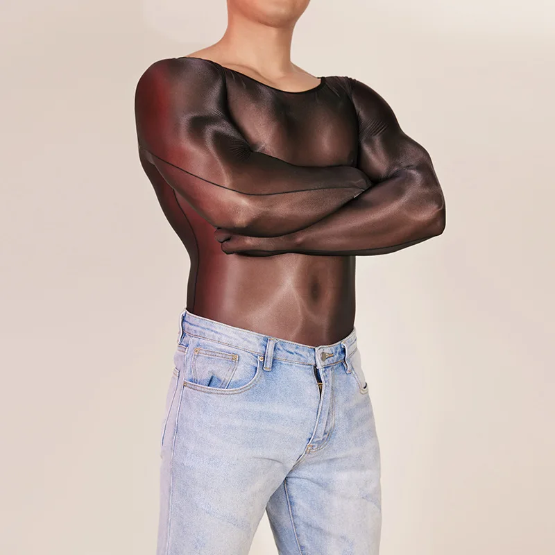 Breathable Bodysuit for Men Thin Sheer Long Sleeve