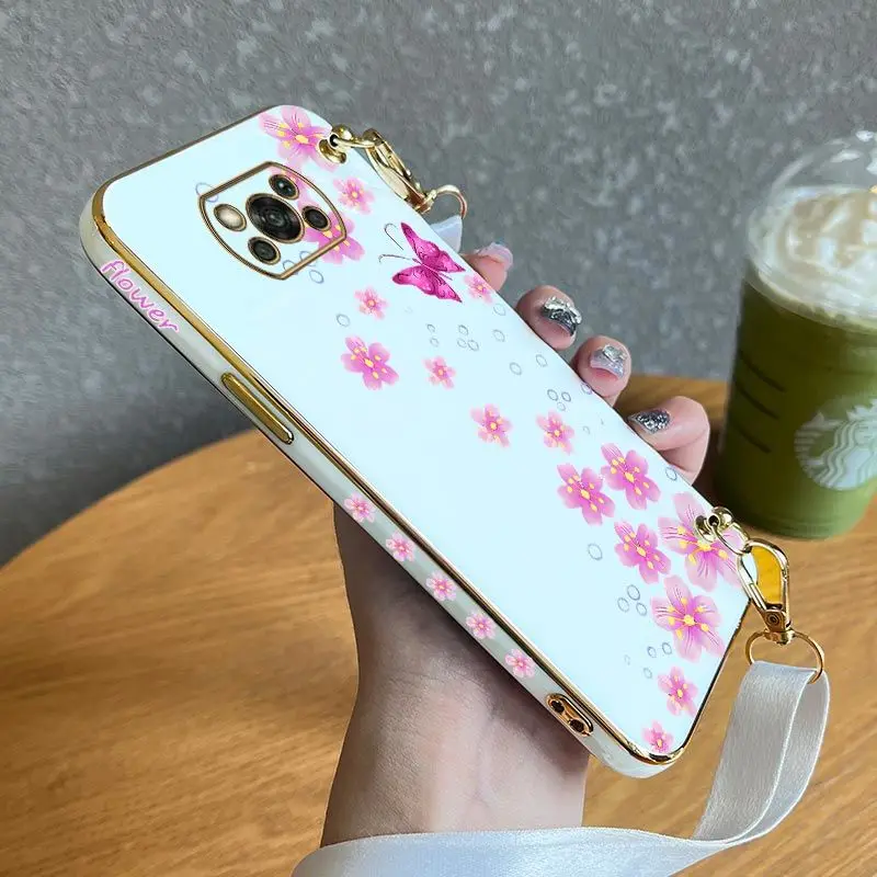 

Cherry Butterfly Lanyard Plating Phone Case For Xiaomi Poco M5 M4 Pro F4 GT X4 GT F3 X3 F4 X4 M3 X3 NFC X2 X3 Pro C40 Cover