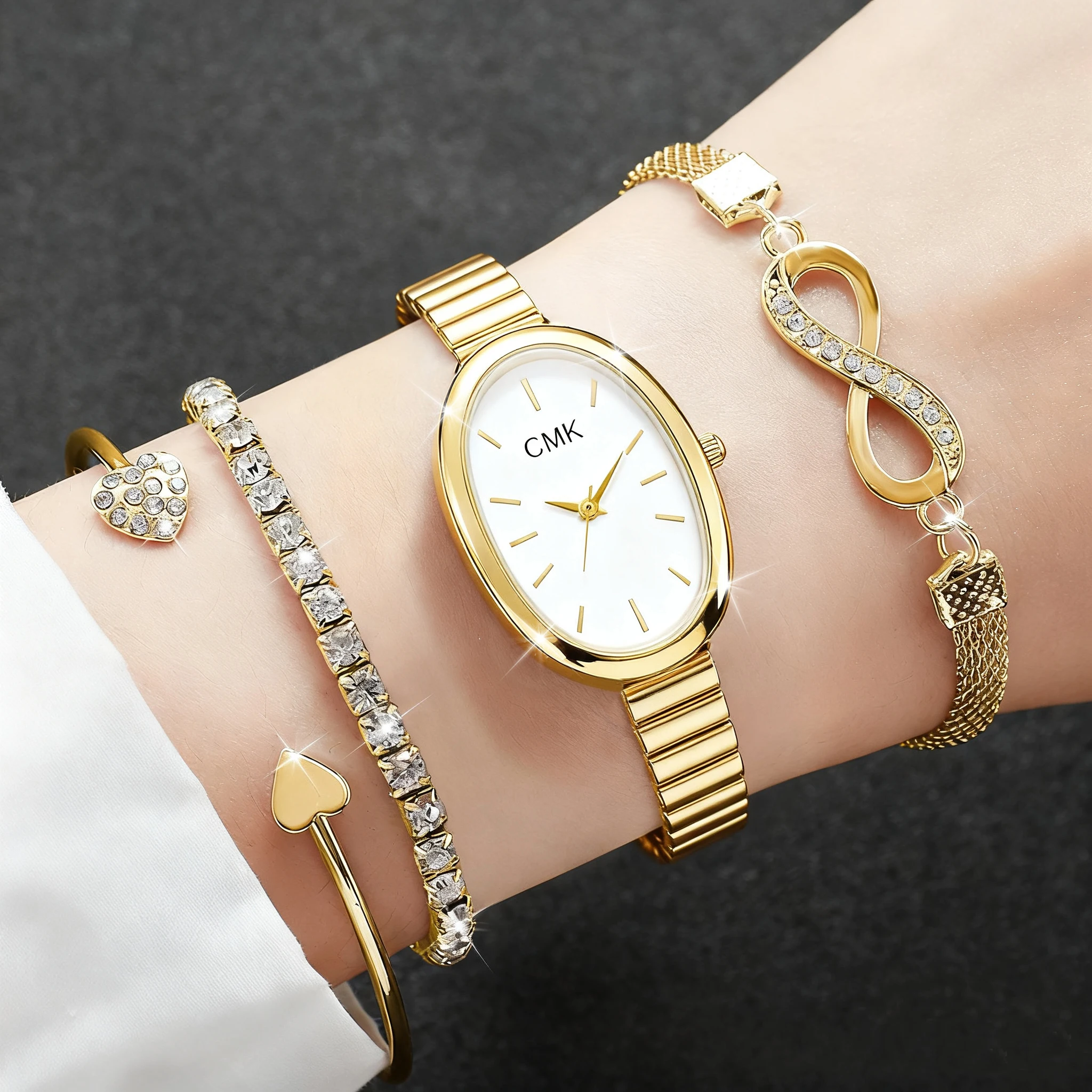 4pcs/set Women's Quartz Watch Gold Luxury Women Bracelet Rhinestone Fashion Wristwatch Casual Ladies Watches Bracelet Set No Box