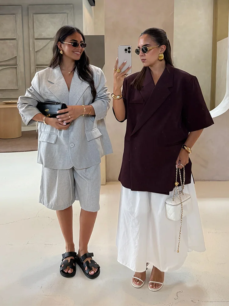 Women V-Neck Mid-Sleeve Shirts Trousers 2 Piece Set High Waist Short Pants Single Breasted Pocket Coats Casual Solid Color Suits