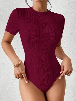 Spring/summer women's bodysuit tops short-sleeved crewneck T-shirts wavy jacquard trims stretch fabrics