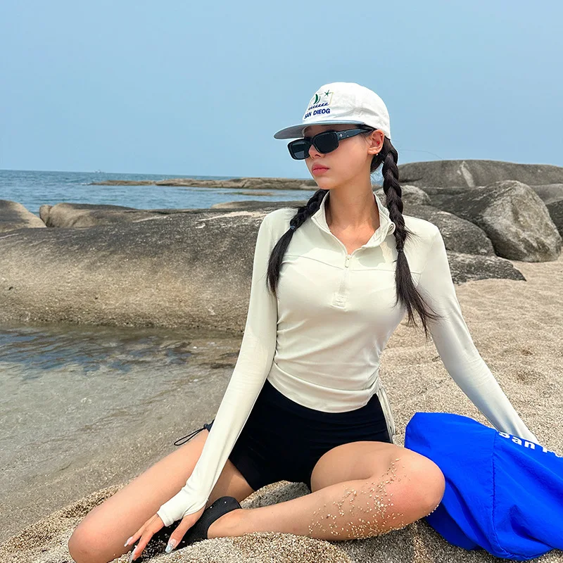 Women Two Piece Long Sleeve Rash Guard Sets Built in Bra Swim Shirt Side Draw String Top Boyshorts Sunsuit Beachwear rash guard