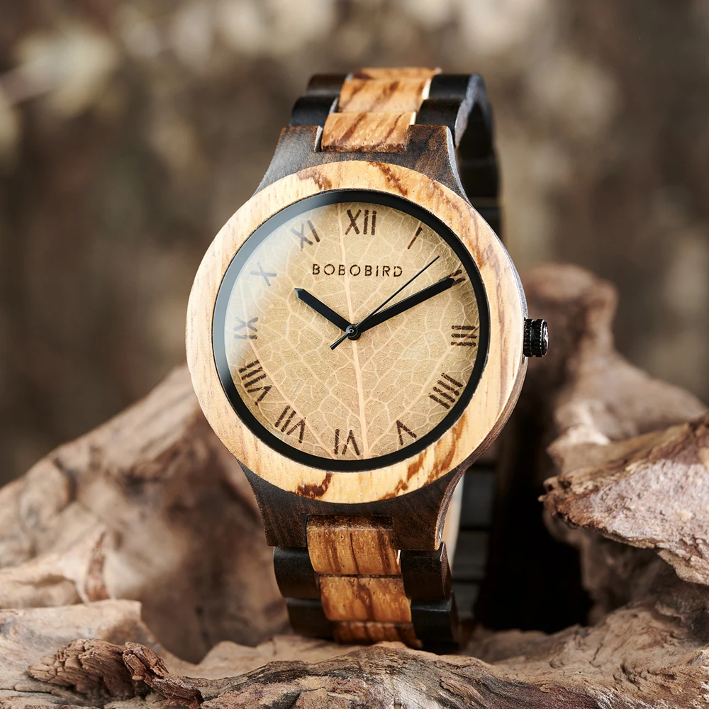 BOBO BIRD Mens Watches Leaf Dial Design Wooden Quartz Watch Casual Wristwatch for Men, Support Personalized, Drop Shipping oirlv wooden watch holder solidwood watch stand for wrist watches display storage wooden jewelry display box boxes watch display