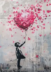 Vibrant Urban Graffiti Canvas Art: Boy with Balloon by Banksy - Modern Wall Decor - 40x60cm No Frame (Pink)