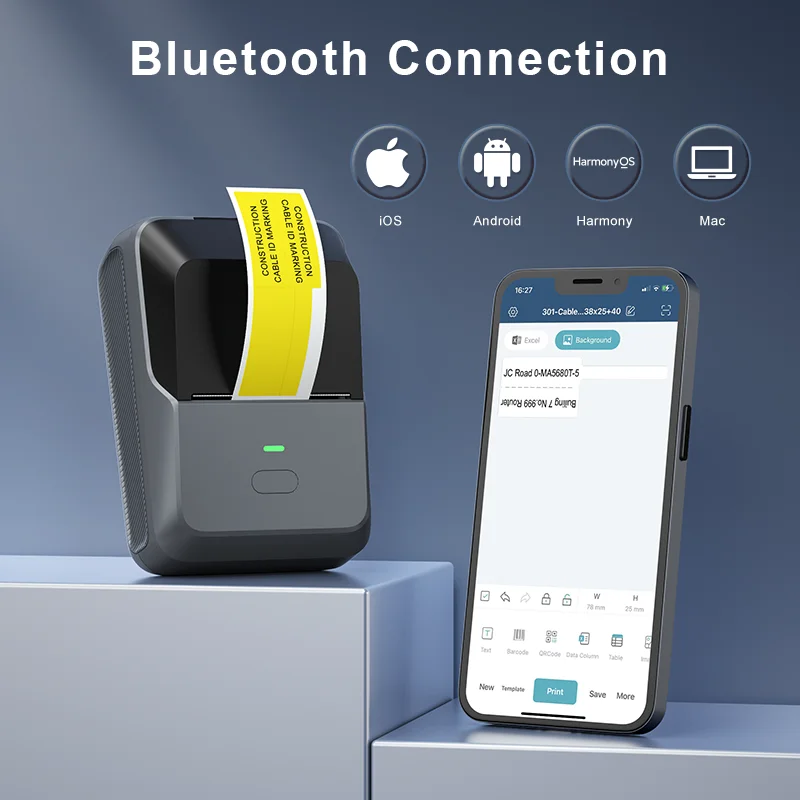 DETONGER P2 미니 열전사 프린터, 플러스 3 롤 케이블 라벨, 휴대용 무선 BT 사무실 비즈니스 케이블 스티커 프린터