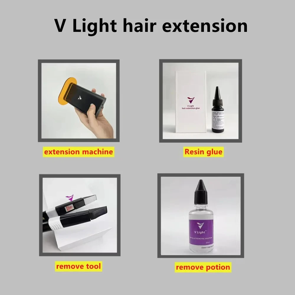 V-Light 기술 헤어 익스텐션 기계, V 라이트 헤어 익스텐션 접착제 포함, 흰색 헤어 익스텐션 도구 키트 세트, 20 분 마무리