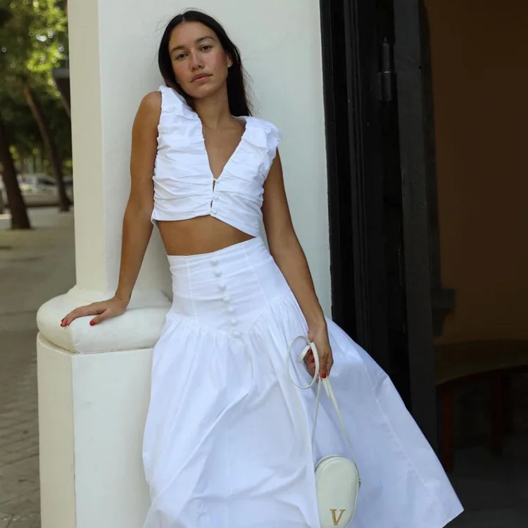 White Pleated 2 Piece-Set Maxi Skirt Women V-Neck Cropped Top And Patchwork Fashion Long Skirt Sets Ladies Solid Outfits