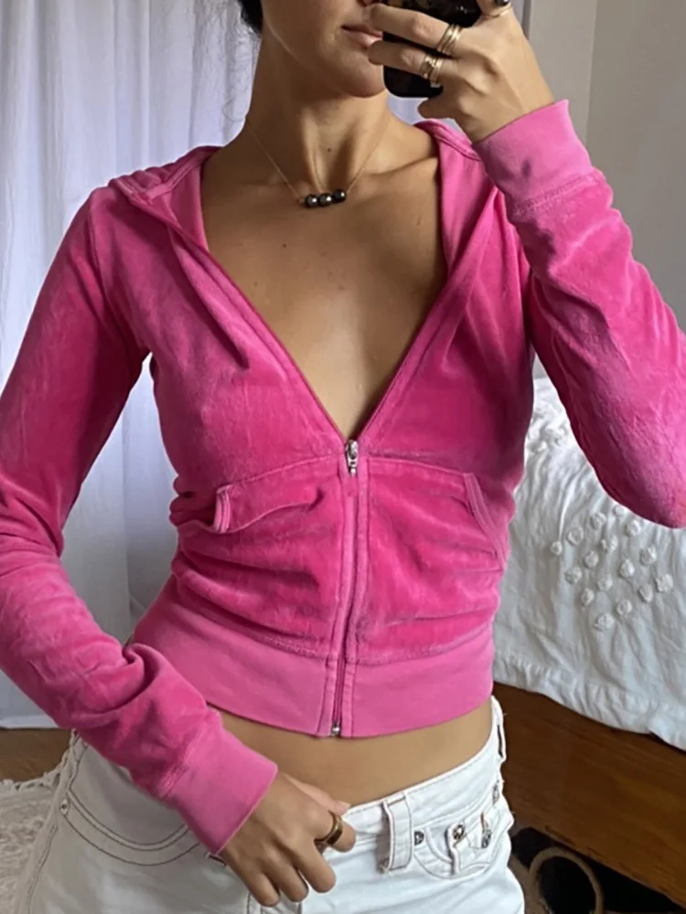 ALLNeon 2000s Aesthetics Pink Velour Sets Slim Y2K Streetwear Zip Up Hoodie  and Drawstring Low Waist Pants Co-ord Suits Women