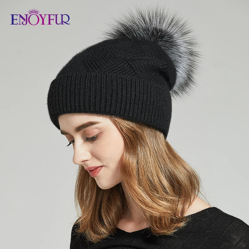 ENJOYFUR Winter Hats For Women Natural Fur Pompom hat Warm Wool Slouchy Beanies For Female Fashion Skullies Lady Hats 2