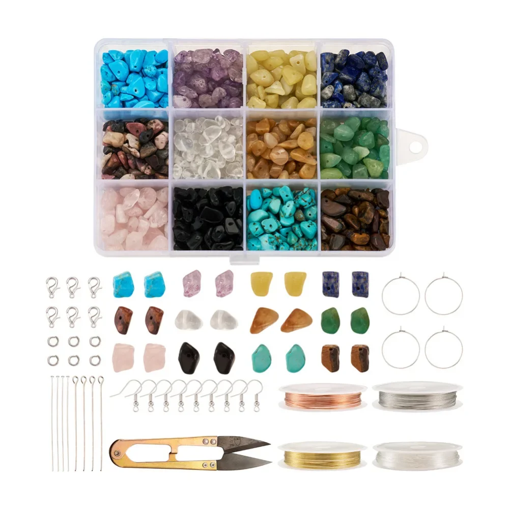 1 Box Natural Stone Beads with Elastic Crystal Thread Ear Hooks Pins Scissors Jewelry Sets DIY Earring Bracelet Making Kits