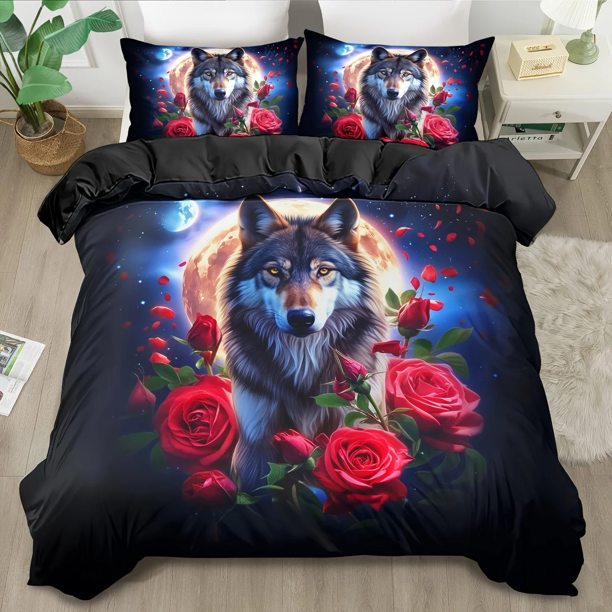 2/ 3pcs Duvet Cover Set, Soft And Comfortable, Red Rose Wolf Duvet Cover Set Bedding Set, 3d Animal Wolf Print Duvet Cover