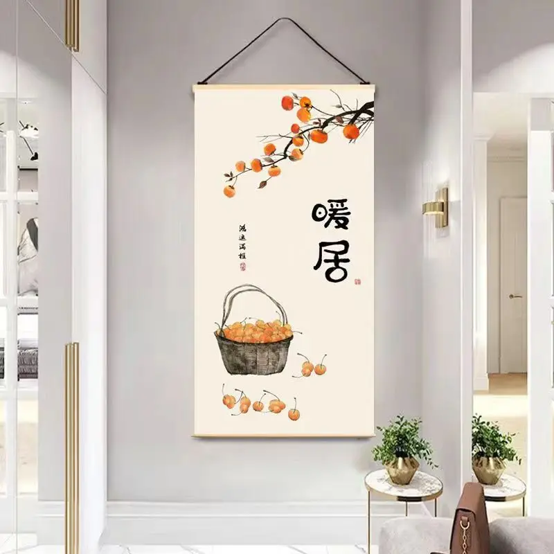 2024 New Chinese style persimmon Ruyi solid wood scroll hanging painting, entrance decoration painting, fabric art, no punching 5
