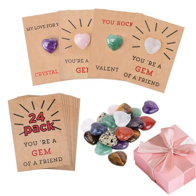 

24 упаковки открыток на День святого Валентина с кристаллами в форме сердца, натуральный энергетический кристалл, камни для любви, подходит для мальчиков и девочек, школа