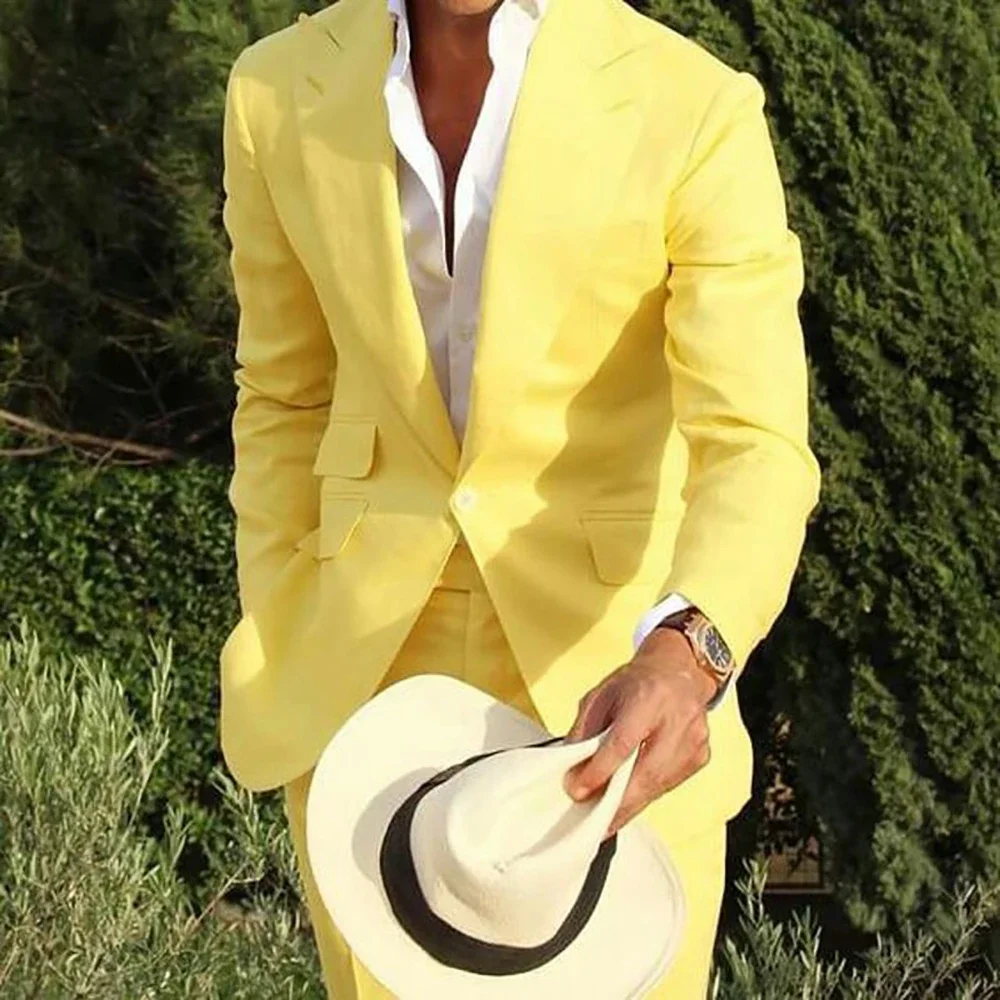 Men Suit Yellow Linen Beach Slim Fit 2 Piece Wedding Groom Tuxedo with Peaked Lapel Male Fashion Costume Blazer with Pants