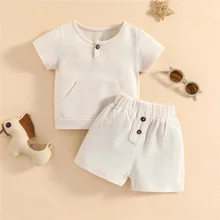 Traje informal de 2 piezas para niños y niñas, Tops de manga corta de Color sólido con bolsillo, pantalones cortos de cintura elástica, 2022