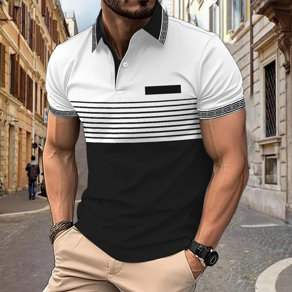

2024 Large Size Men's Casual POLO Shirt V-neck Button Business Stripe Matching T-shirt Top Heat Sublimation Printing
