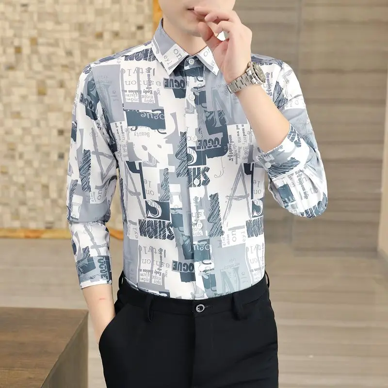 Spring and Autumn Men's Cardigan Single Breasted Polo Collar Stripe Letter Geometric Pattern Printed Long Sleeve Shirt Tops