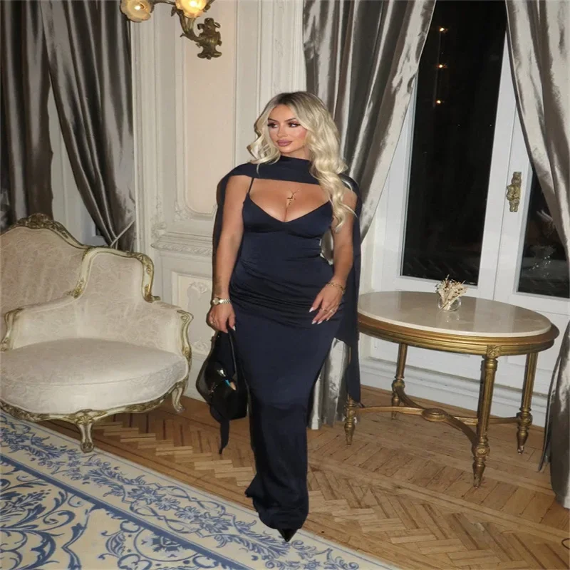 Sexy Maxikleid mit Schleifen für Damen, V-Ausschnitt, Rückenfreies Ärmelloses Kleid mit Geraffter Taille, Meerjungfrauenkleid für Frühling, Abend und Partys – Detail 1