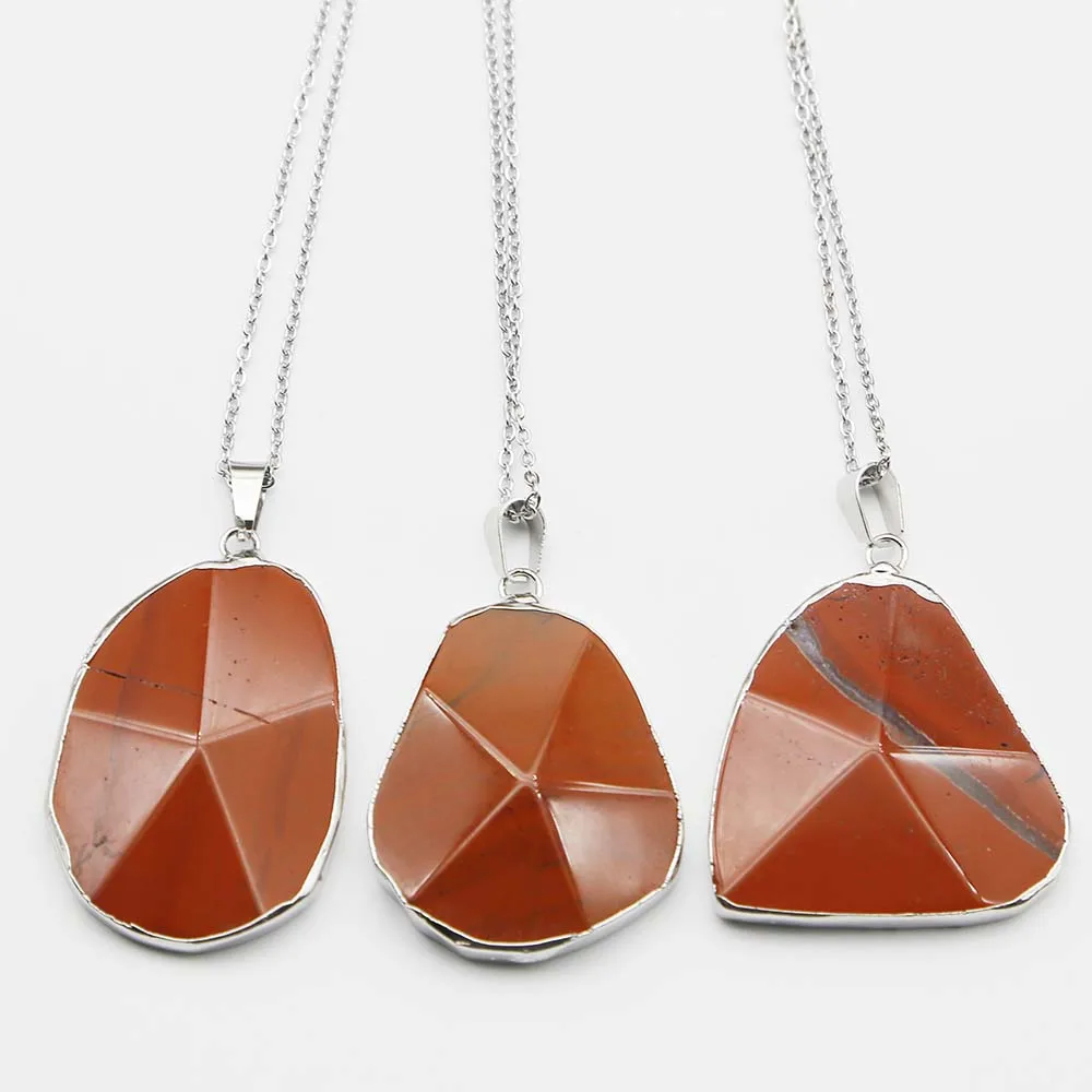 Natural Stone Amethyst Irregular Silver Edge Pendant Stainless Steel Chain Necklace Charm DIY Jewelry Accessories Wholesale 6Pcs