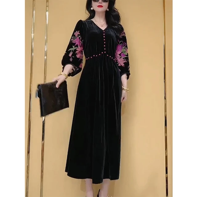 Autumn Winter 2023 New Women's Clothing Fashion Golden Velvet V-Neck  Vintage Floral Printing Fold Design Long Sleeve Midi Dress - AliExpress