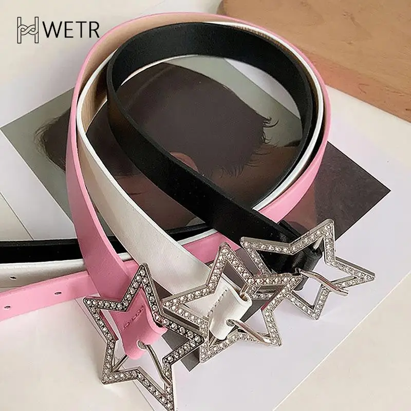 

Star Buckle Belt Pentagram Leather Elastic Binding Embellished Waistband Sparkling Rhinestone Retro Decoration Pants Accessories