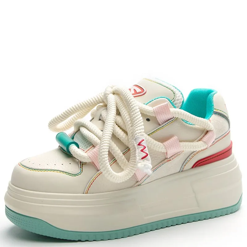 

Genuine Leather Colorful 6CM Chunky Sneakers Autumn Brand Design Women's Casual Sneakers Women Thick Sole Skateboarding Shoes