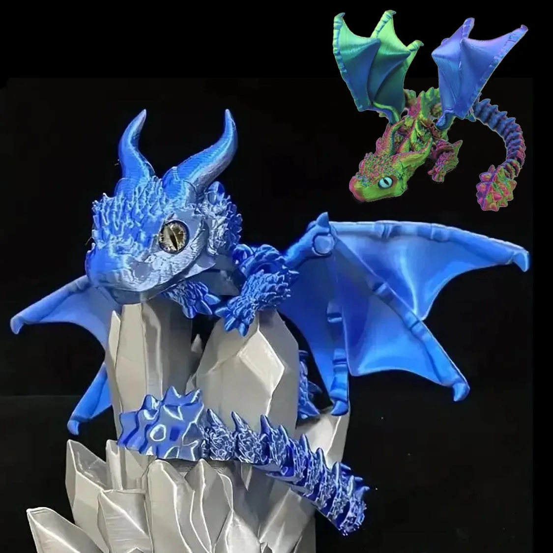 30cm 3D Printed Dragon with Double Horned Figurine Wings Ideal for Car Ornament, Home & Car Decor, Living Room Flying Dragon Toy