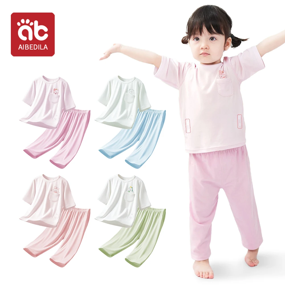 

Новинка, детские пижамы AIBEDILA, футболка с коротким рукавом для маленьких мальчиков и девочек + штаны, летние спальные комплекты одежды для малышей, домашняя одежда