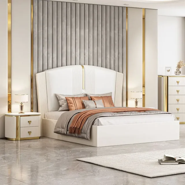 Lit King Size 2024 avec Cadre en Bois Blanc et Tête de Lit en Cuir – Ensemble de Mobilier de Chambre Parentale Moderne et Luxueux pour Villa et Maison 1