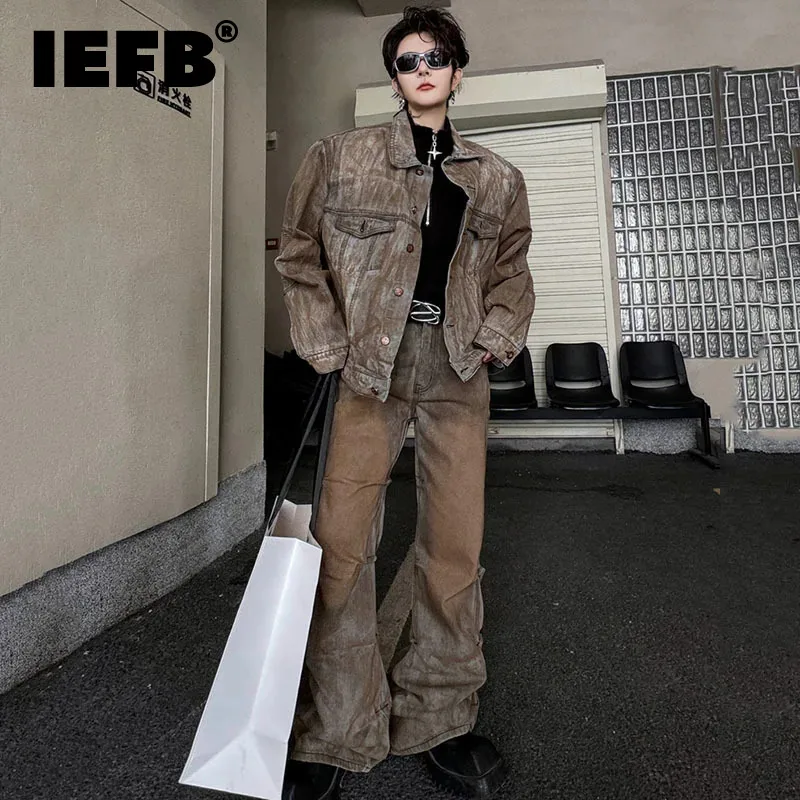

Джинсовый костюм IEFB мужской с лацканами, оригинальный плиссированный пиджак в стиле пэчворк, широкие брюки из денима с градиентом, весна 9C4758
