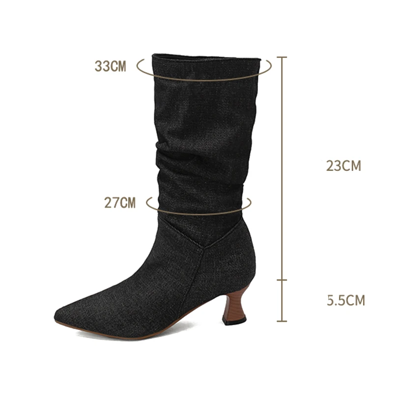 Kcenid New High Quality Pleated Boots Women Pointed Toe Slip On Black White Mid-Calf Boots Ladies Autumn Winter Dress Shoes