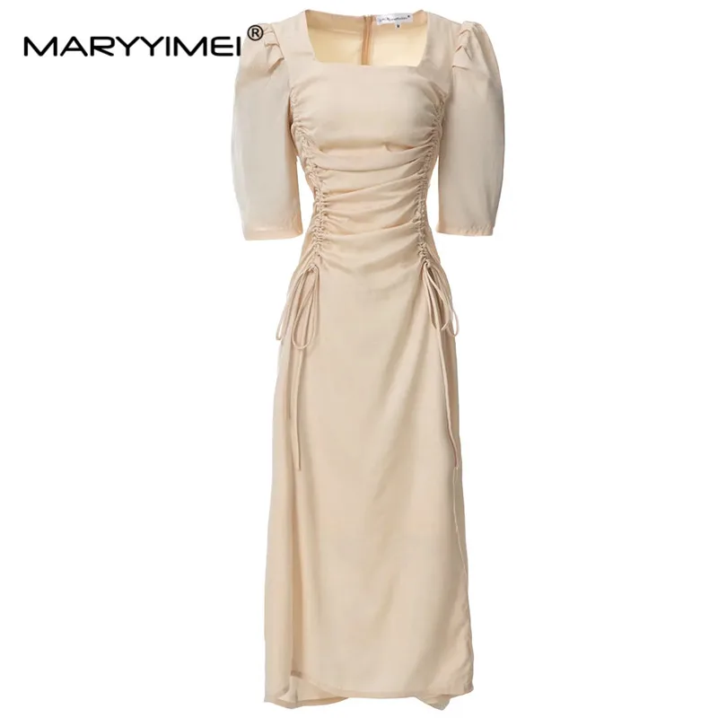 

MARYYIMEI Fashion Women's Summer Dress Turn-down Square Collar Half sleeve Shirring Ruched Slim Fit Sexy Elegant Dresses